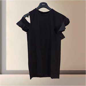 Casual Black T Shirt Dress w/ Ruffle Sleeves - Women's S